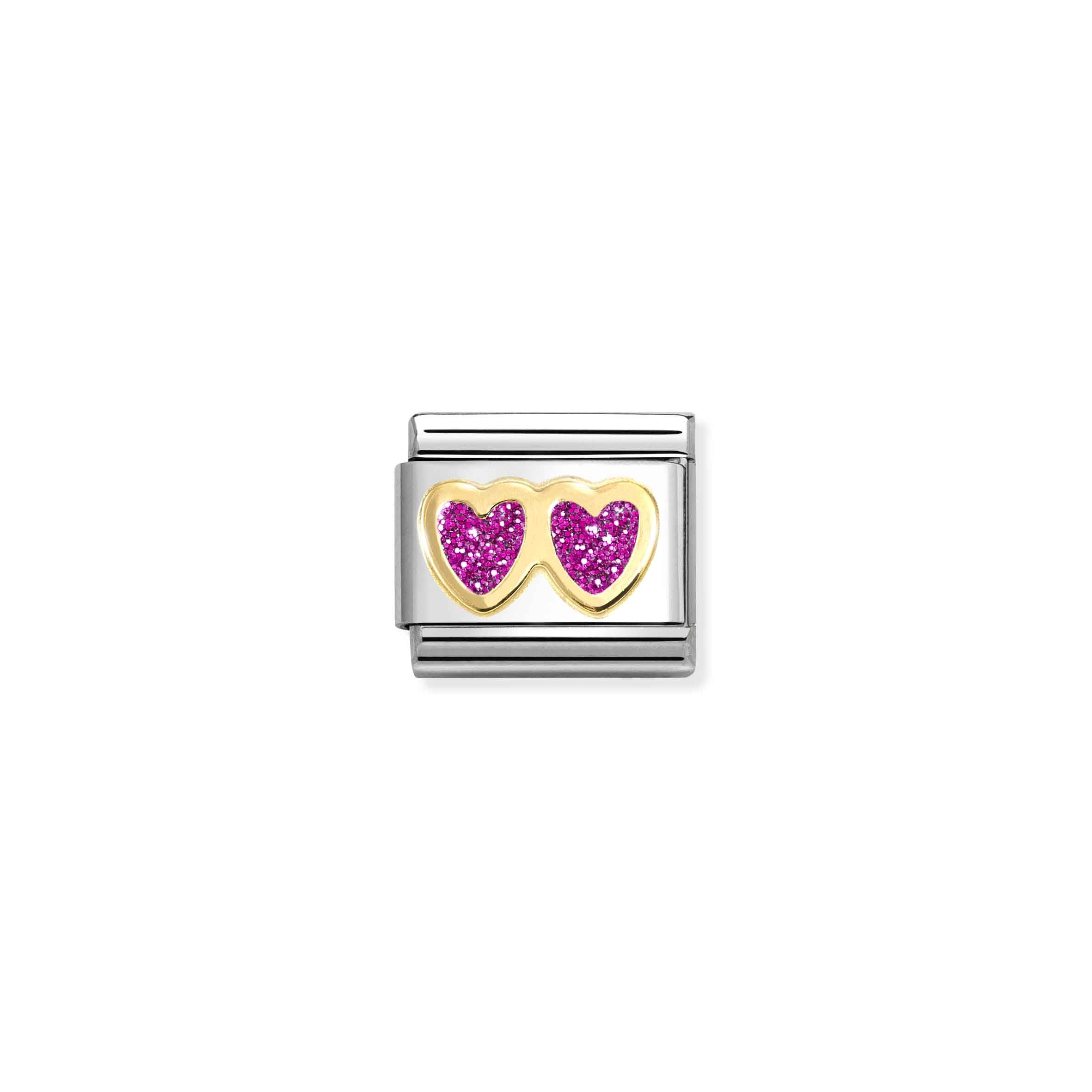 Nomination Yellow Gold Fuchsia Glitter Double Heart Charm