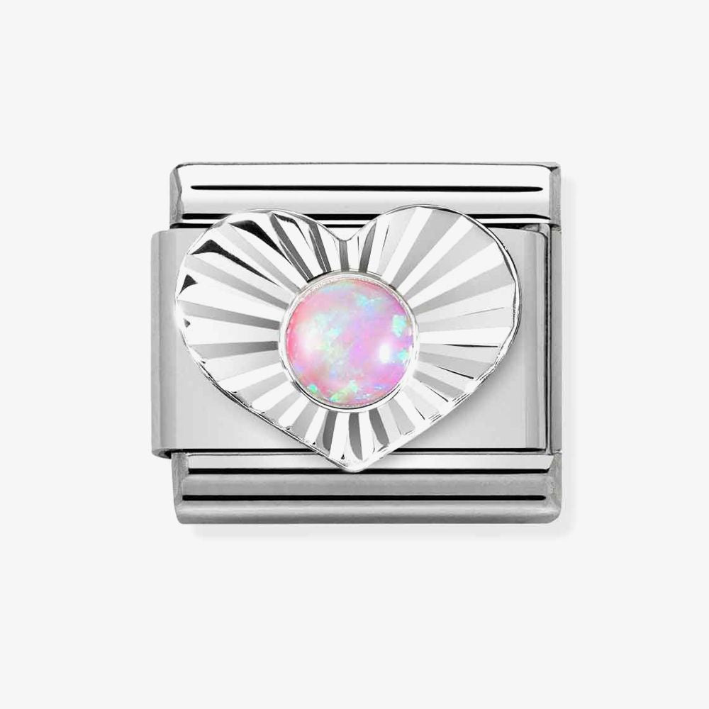 Nomination Silver Diamond Heart Link Pink Opal Charm
