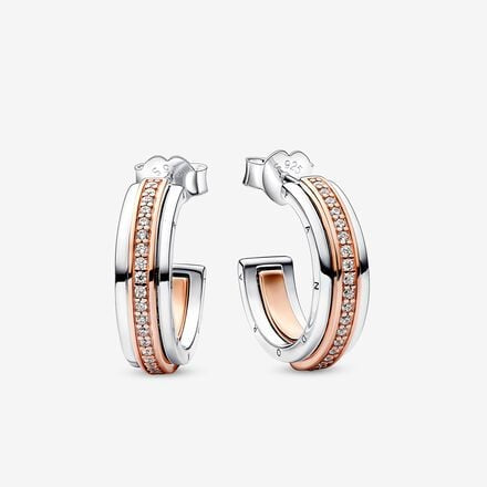 Pandora Signature Two tone Logo & Pavé Hoop Earrings