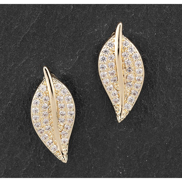 Back To Nature Pave Gold Plated Leaf Studs