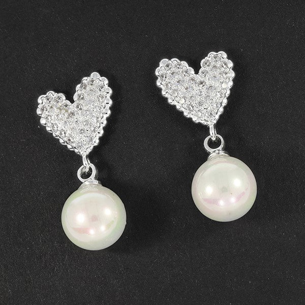 Sparkle Heart Pearl Silver Plated Earrings