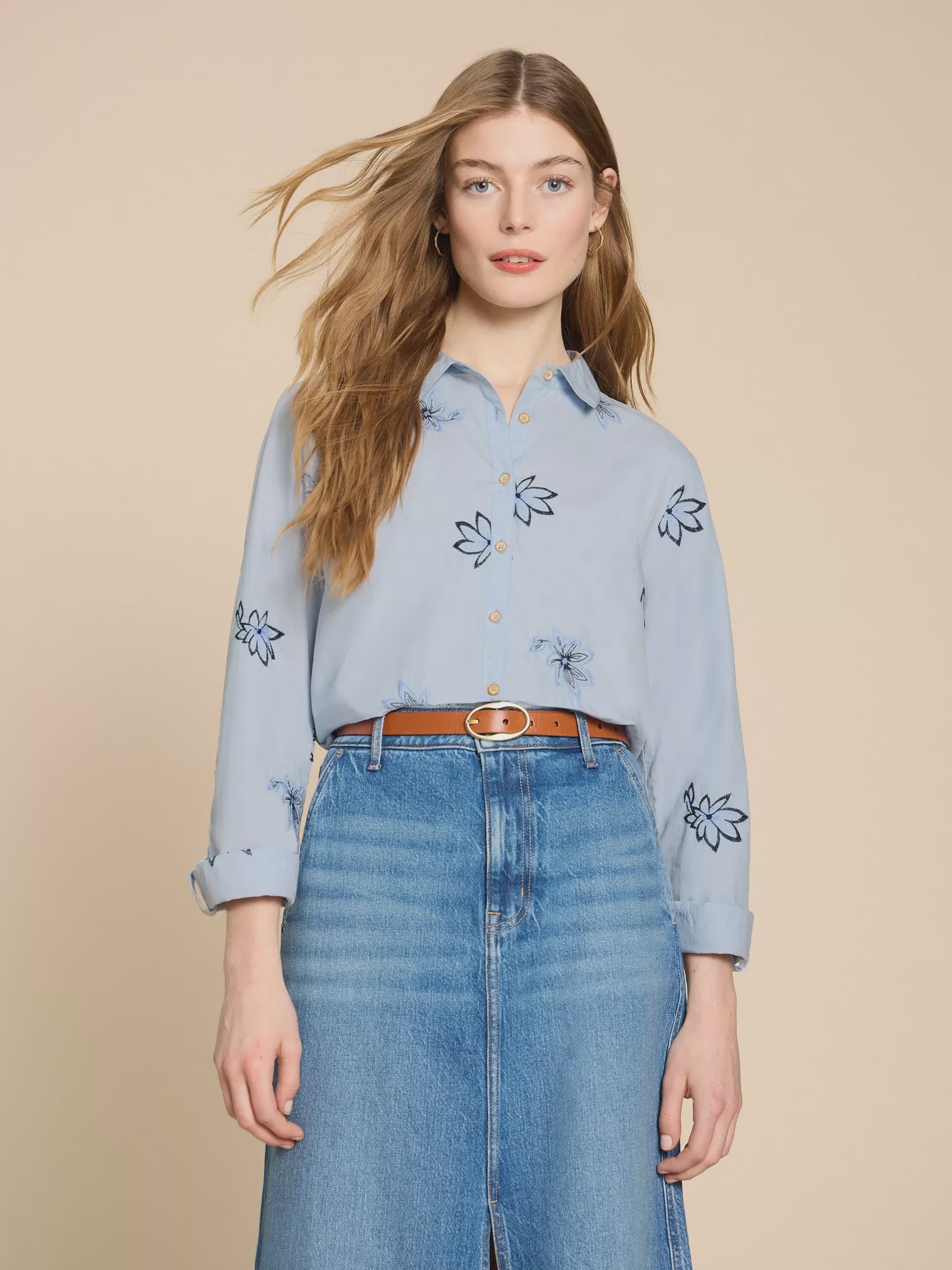 White Stuff Sophie Embroidered Shirt Blue Multi