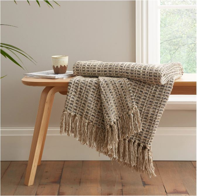 Bianca Fine Linens Amble Linen Blend Blanket Throw  Natural and Charcoal Grey
