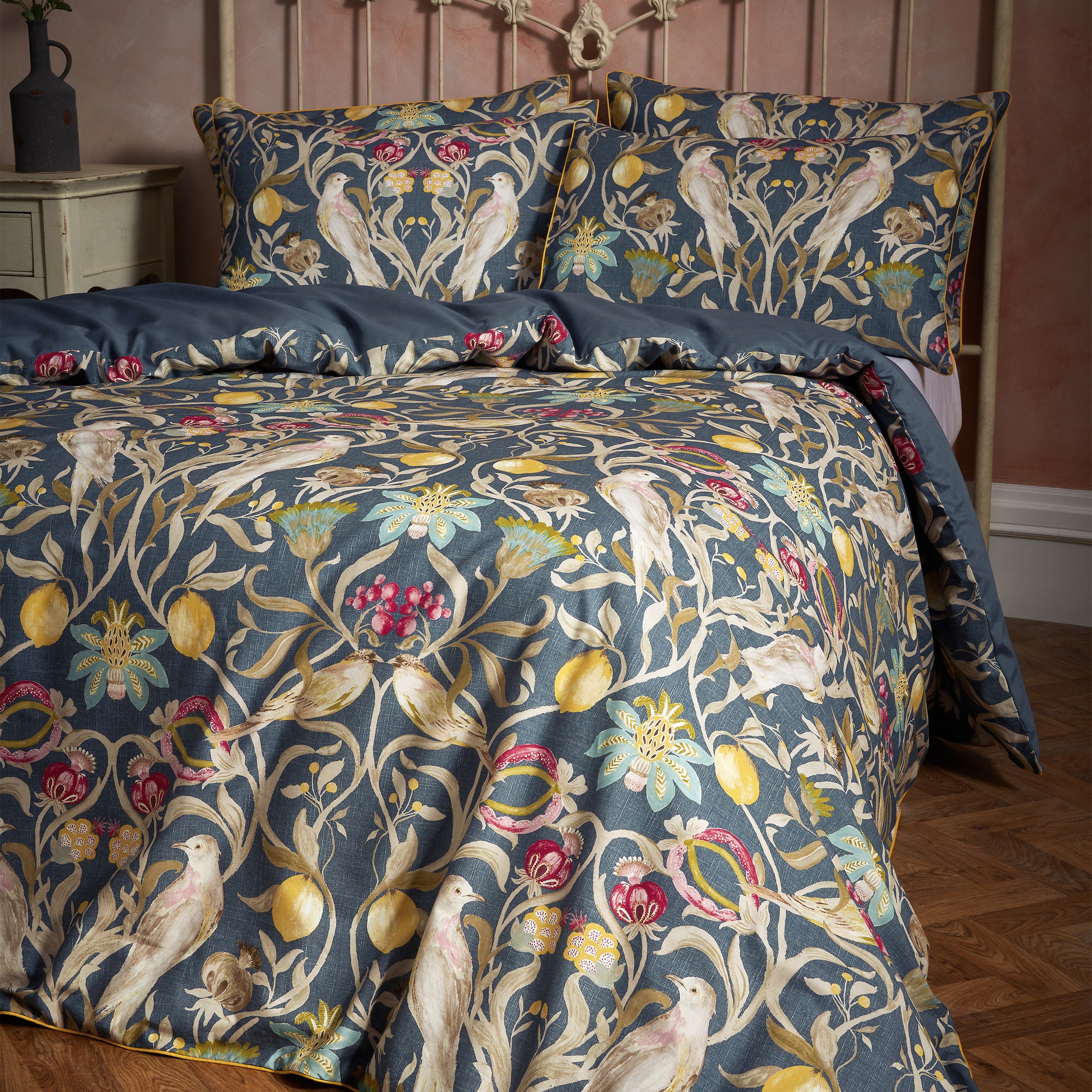 Liberty Traditional Floral Printed Piped Double Duvet Cover Set Navy