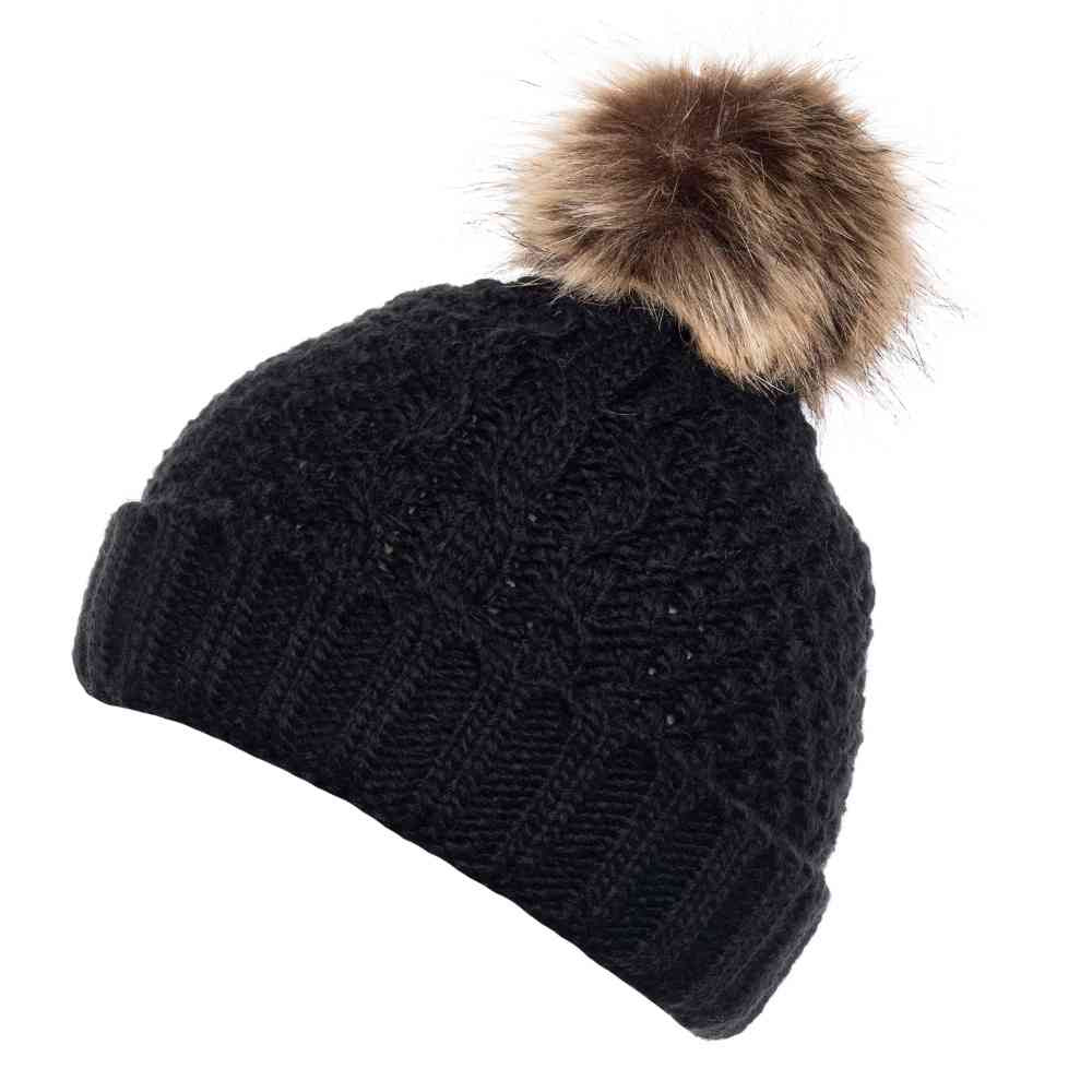 Boardmans Willow Cable Knit Hat Faux Fur Pom Black