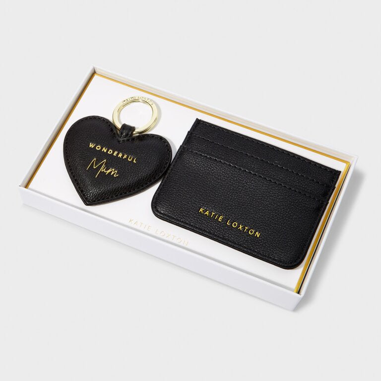 Katie Loxton Black Wonderful Mum Heart Keyring & Card Holder Set